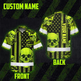 Hi Vis Hawaiian Shirt Reflective Tapes Lime Neon US Flag Skull Custom Name Safety Workwear For Workers, Truckers, Operators