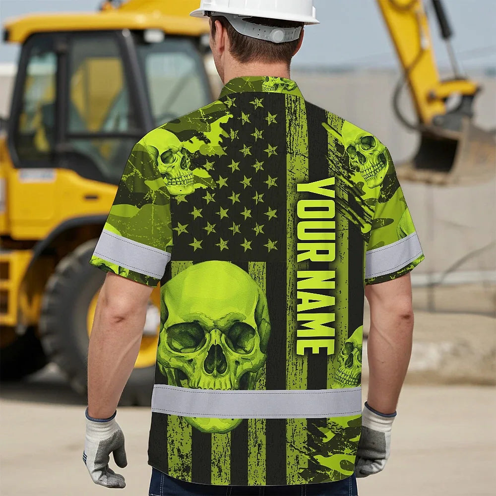 Hi Vis Hawaiian Shirt Reflective Tapes Lime Neon US Flag Skull Custom Name Safety Workwear For Workers, Truckers, Operators