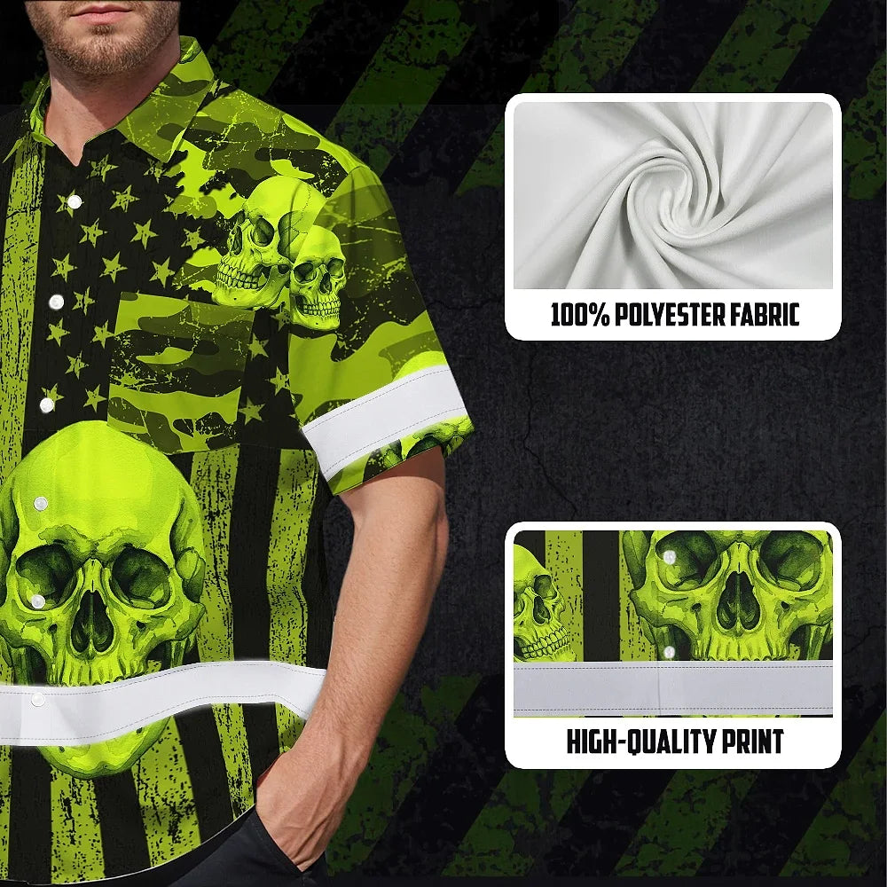Hi Vis Hawaiian Shirt Reflective Tapes Lime Neon US Flag Skull Custom Name Safety Workwear For Workers, Truckers, Operators