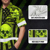 Hi Vis Hawaiian Shirt Reflective Tapes Lime Neon US Flag Skull Custom Name Safety Workwear For Workers, Truckers, Operators