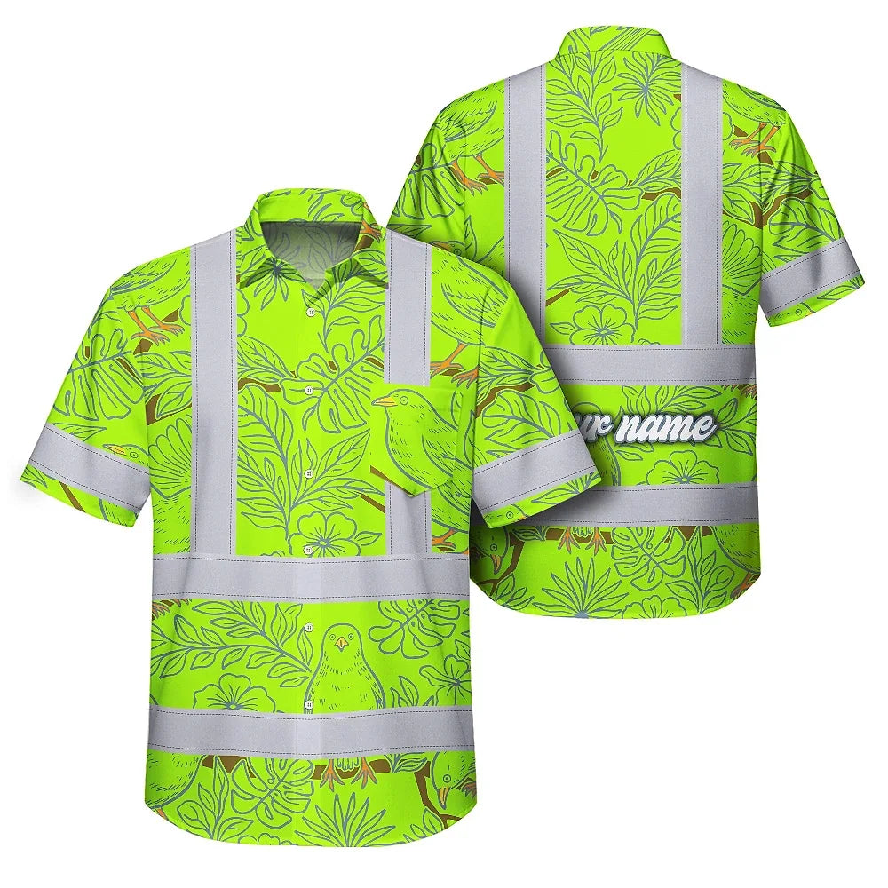 Hi Vis Hawaiian Shirt Reflective Tapes Lime Neon White 2 Flowers Custom Name Safety Workwear For Workers, Truckers, Operators