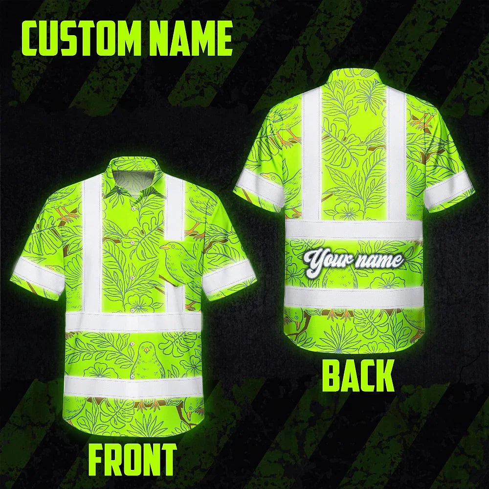 Hi Vis Hawaiian Shirt Reflective Tapes Lime Neon White 2 Flowers Custom Name Safety Workwear For Workers, Truckers, Operators
