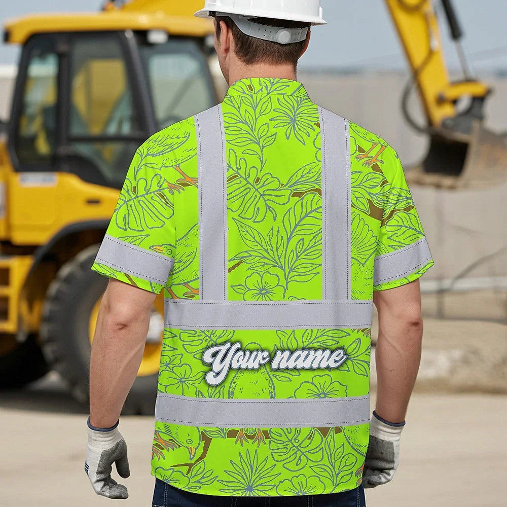 Hi Vis Hawaiian Shirt Reflective Tapes Lime Neon White 2 Flowers Custom Name Safety Workwear For Workers, Truckers, Operators