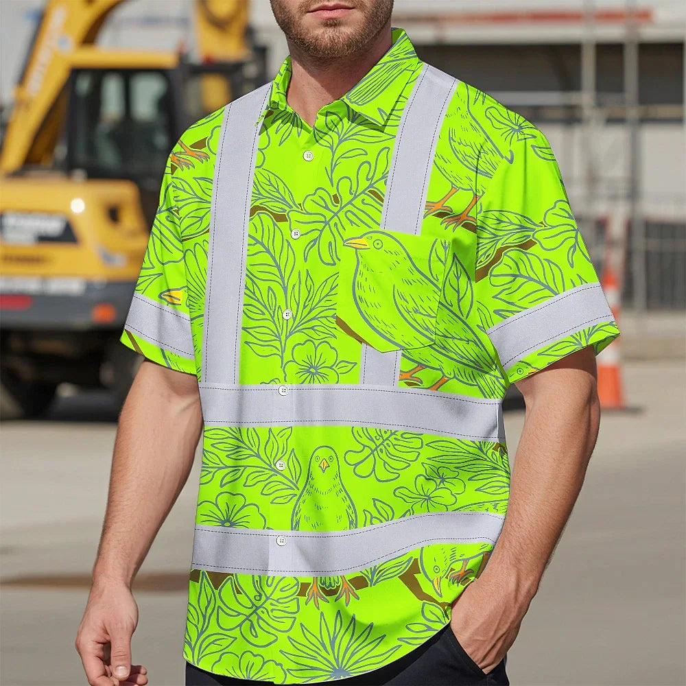 Hi Vis Hawaiian Shirt Reflective Tapes Lime Neon White 2 Flowers Custom Name Safety Workwear For Workers, Truckers, Operators