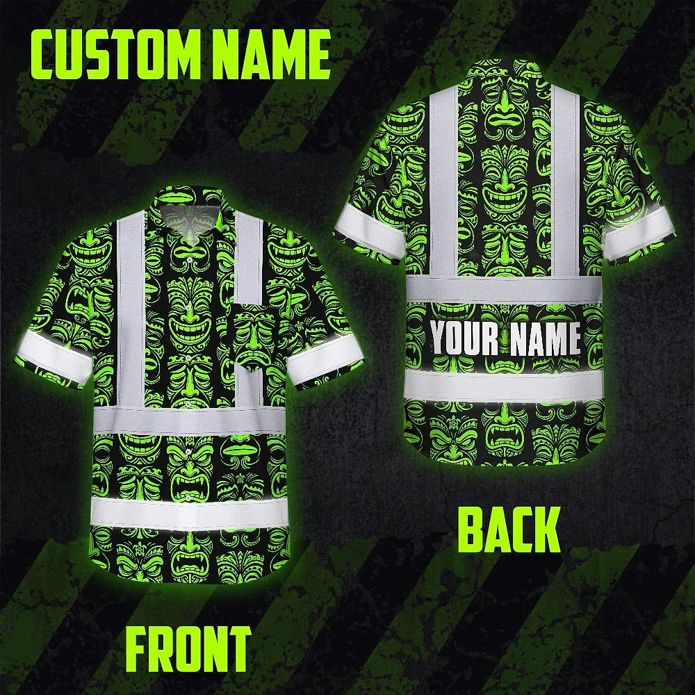 Hi Vis Hawaiian Shirt Reflective Tapes Lime Tiki Custom Name Safety Workwear For Workers, Truckers, Operators