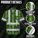Hi Vis Hawaiian Shirt Reflective Tapes Lime Tiki Custom Name Safety Workwear For Workers, Truckers, Operators