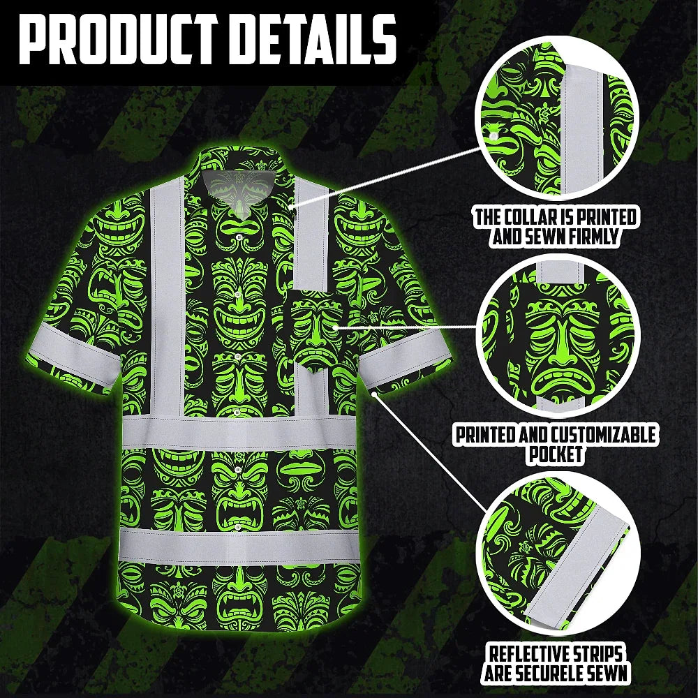 Hi Vis Hawaiian Shirt Reflective Tapes Lime Tiki Custom Name Safety Workwear For Workers, Truckers, Operators