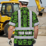 Hi Vis Hawaiian Shirt Reflective Tapes Lime Tiki Custom Name Safety Workwear For Workers, Truckers, Operators
