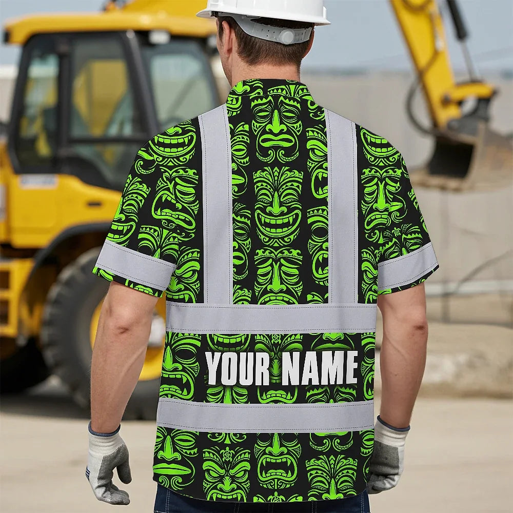 Hi Vis Hawaiian Shirt Reflective Tapes Lime Tiki Custom Name Safety Workwear For Workers, Truckers, Operators