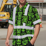 Hi Vis Hawaiian Shirt Reflective Tapes Lime Tiki Custom Name Safety Workwear For Workers, Truckers, Operators