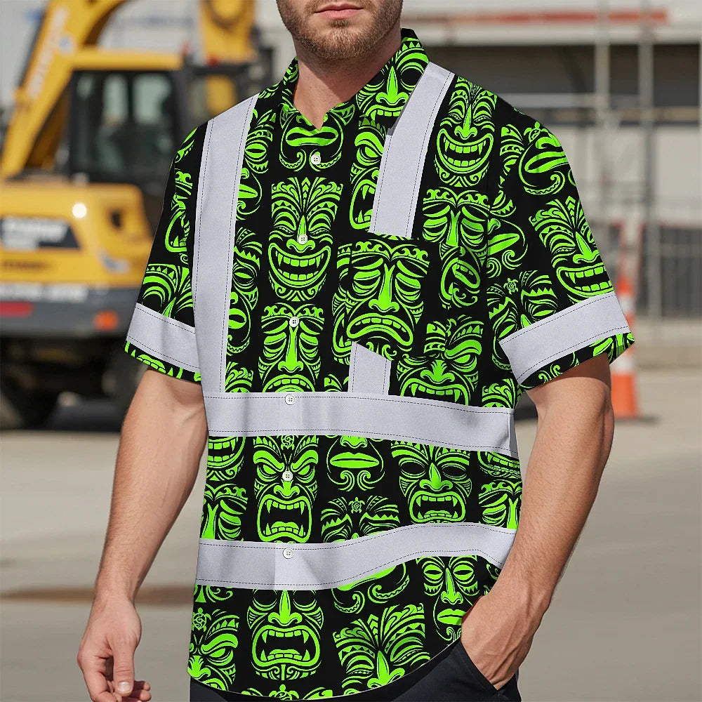 Hi Vis Hawaiian Shirt Reflective Tapes Lime Tiki Custom Name Safety Workwear For Workers, Truckers, Operators