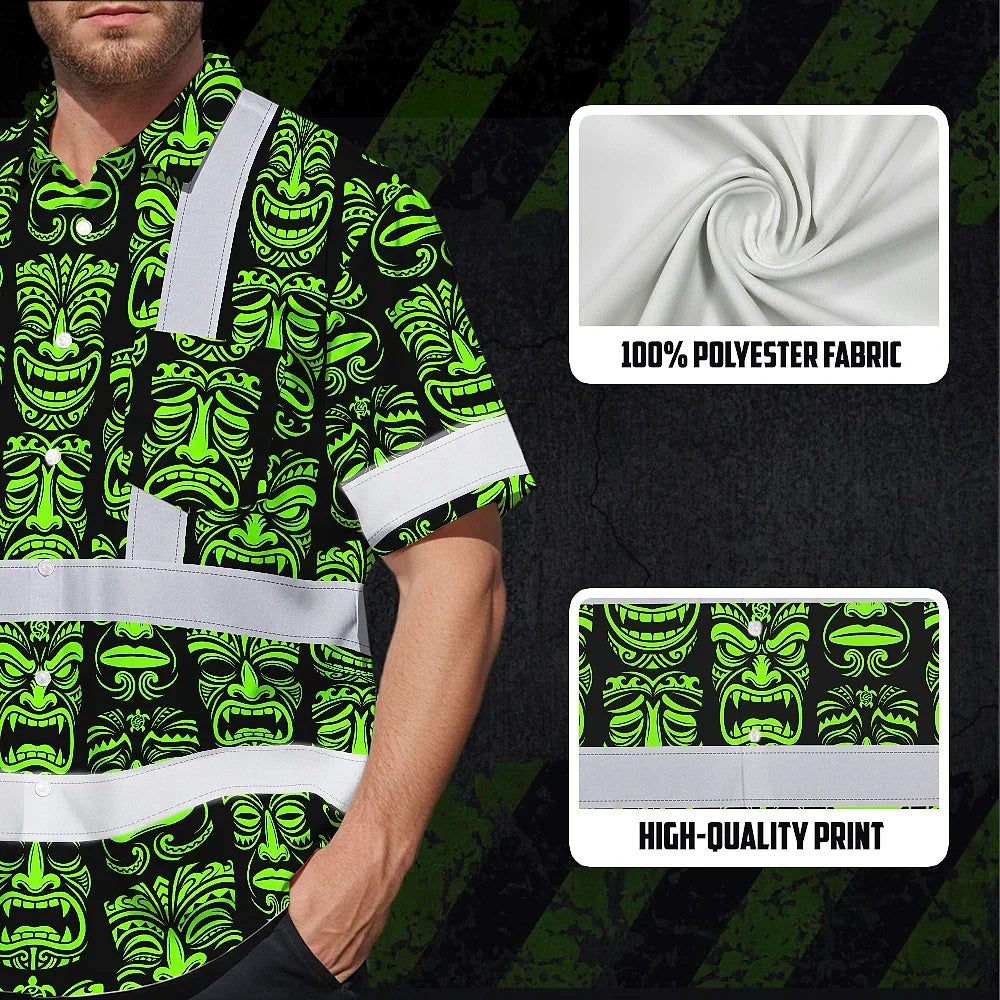 Hi Vis Hawaiian Shirt Reflective Tapes Lime Tiki Custom Name Safety Workwear For Workers, Truckers, Operators