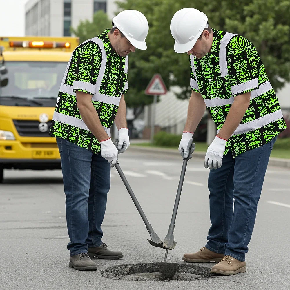 Hi Vis Hawaiian Shirt Reflective Tapes Lime Tiki Custom Name Safety Workwear For Workers, Truckers, Operators