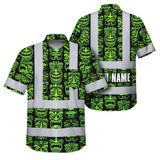 Hi Vis Hawaiian Shirt Reflective Tapes Lime Tiki Custom Name Safety Workwear For Workers, Truckers, Operators
