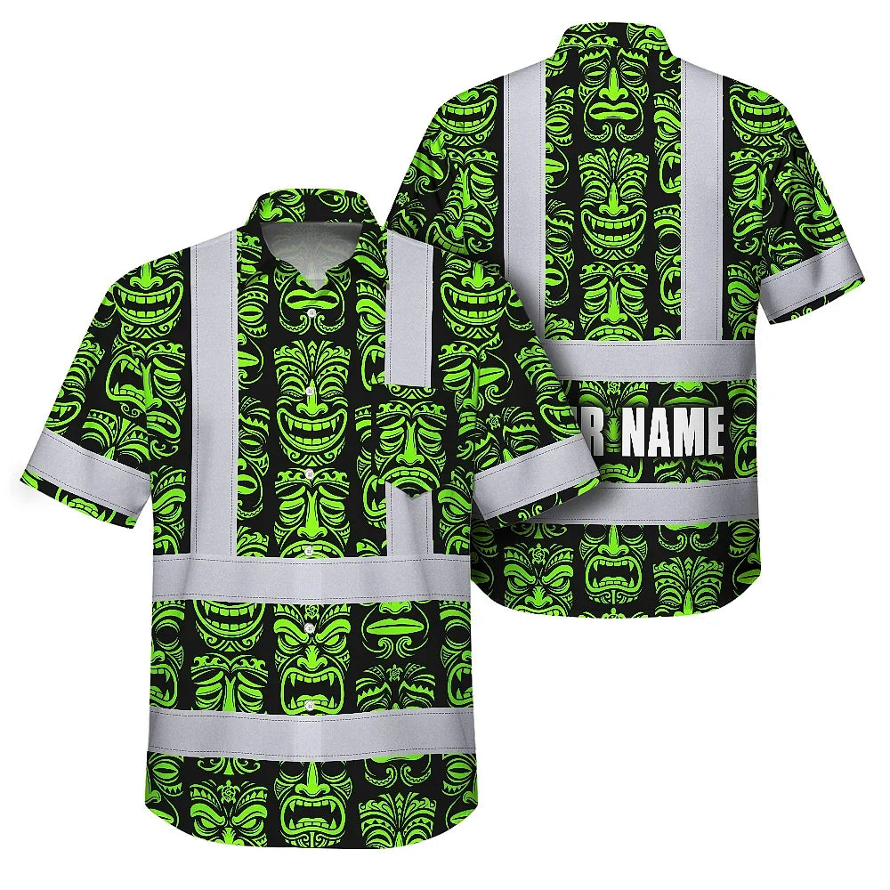 Hi Vis Hawaiian Shirt Reflective Tapes Lime Tiki Custom Name Safety Workwear For Workers, Truckers, Operators