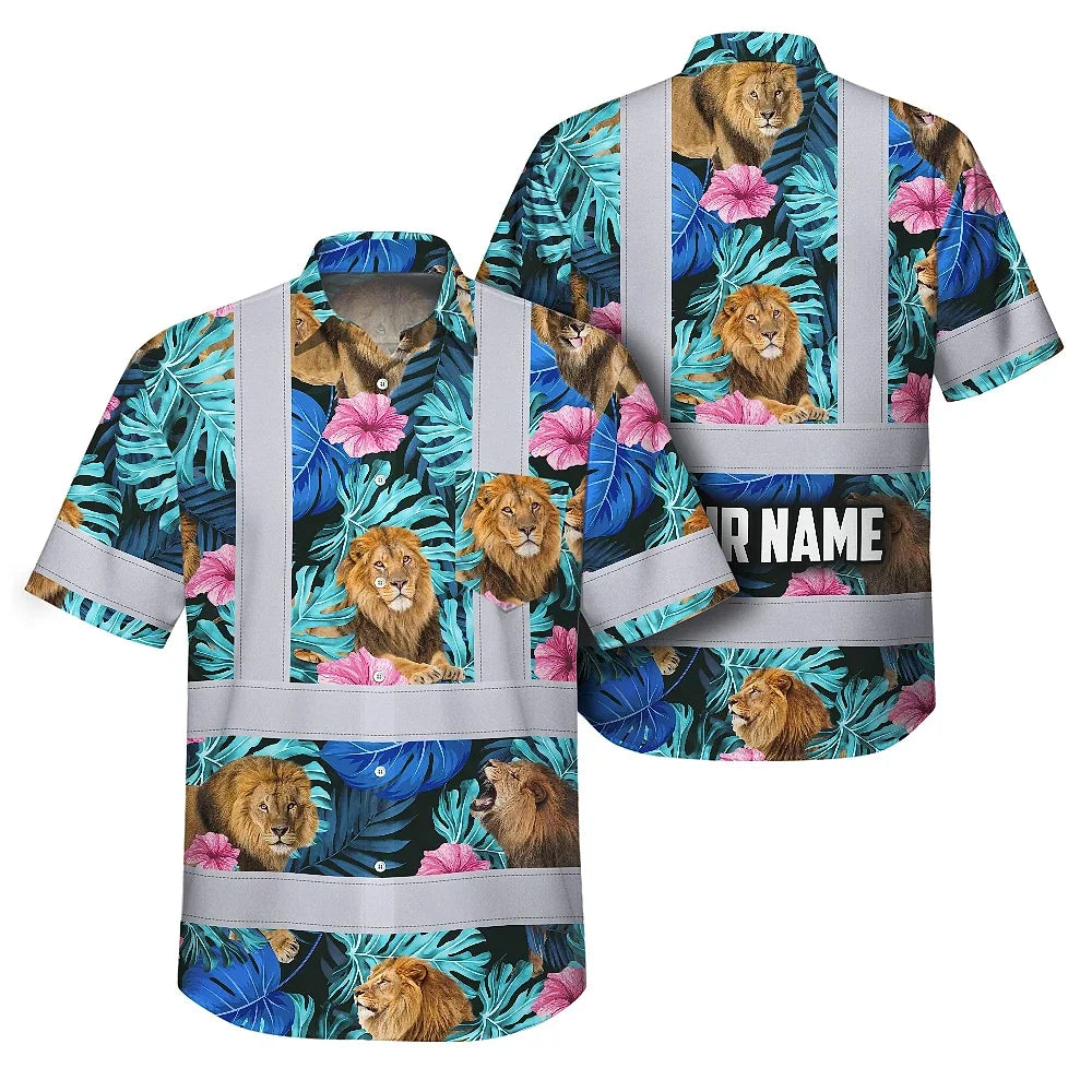 Hi Vis Hawaiian Shirt Reflective Tapes Lion Flowers Custom Name Safety Workwear For Workers, Truckers, Operators