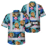 Hi Vis Hawaiian Shirt Reflective Tapes Lion Flowers Custom Name Safety Workwear For Workers, Truckers, Operators