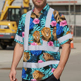Hi Vis Hawaiian Shirt Reflective Tapes Lion Flowers Custom Name Safety Workwear For Workers, Truckers, Operators