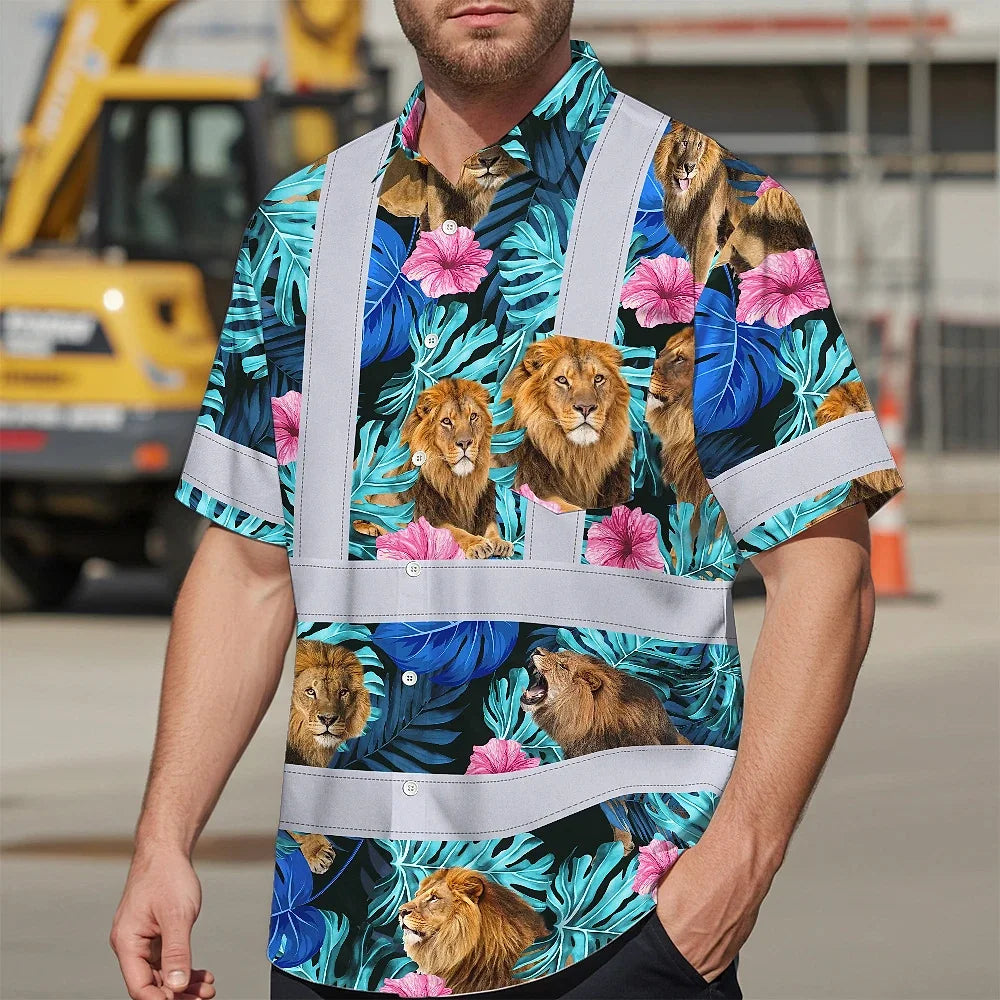 Hi Vis Hawaiian Shirt Reflective Tapes Lion Flowers Custom Name Safety Workwear For Workers, Truckers, Operators