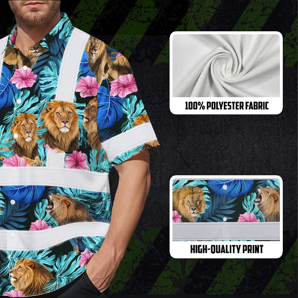 Hi Vis Hawaiian Shirt Reflective Tapes Lion Flowers Custom Name Safety Workwear For Workers, Truckers, Operators