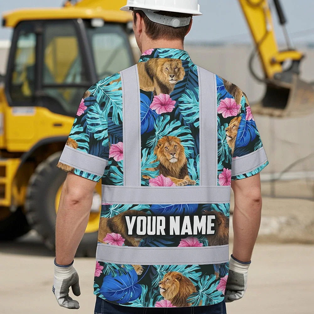 Hi Vis Hawaiian Shirt Reflective Tapes Lion Flowers Custom Name Safety Workwear For Workers, Truckers, Operators