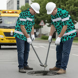 Hi Vis Hawaiian Shirt Reflective Tapes Mint Leopard Custom Name Safety Workwear For Workers, Truckers, Operators