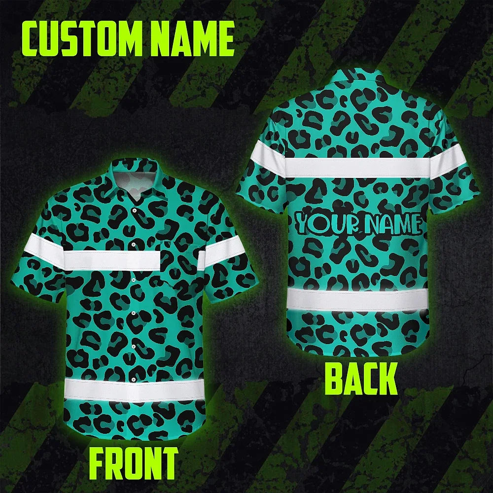 Hi Vis Hawaiian Shirt Reflective Tapes Mint Leopard Custom Name Safety Workwear For Workers, Truckers, Operators