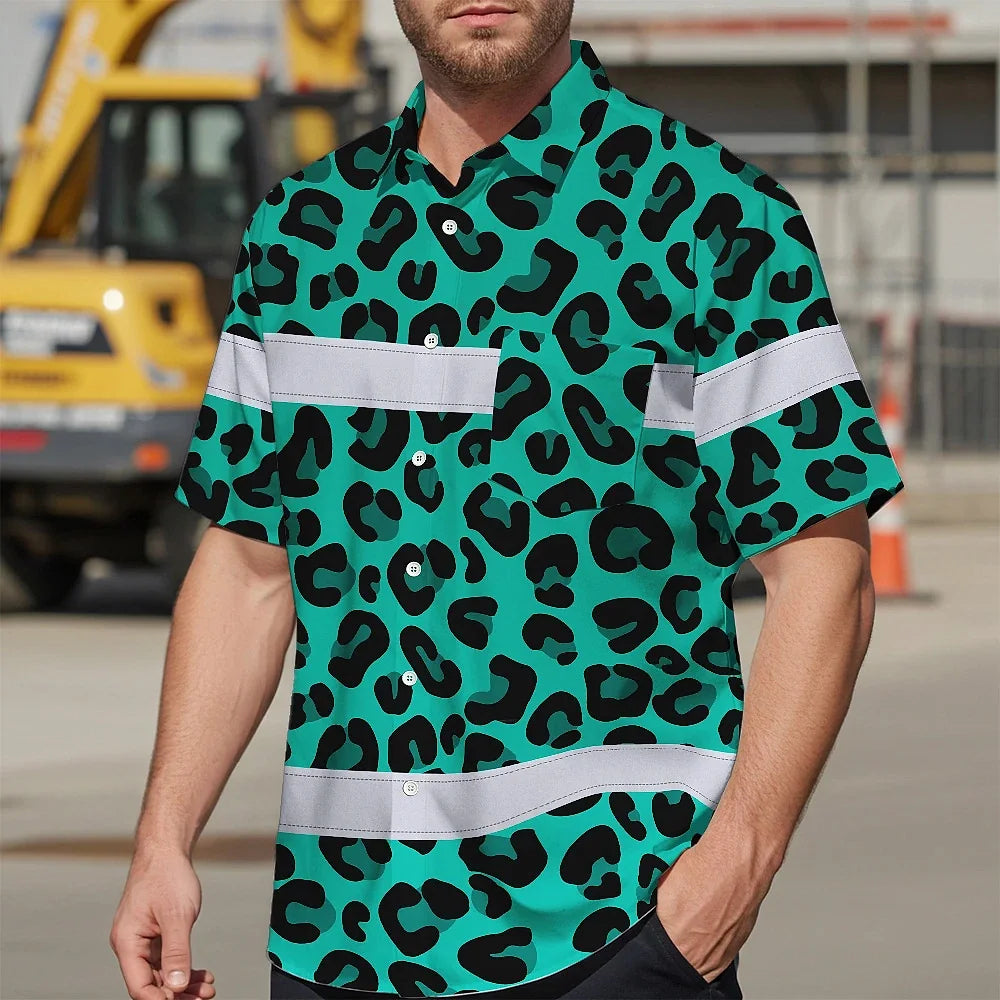 Hi Vis Hawaiian Shirt Reflective Tapes Mint Leopard Custom Name Safety Workwear For Workers, Truckers, Operators