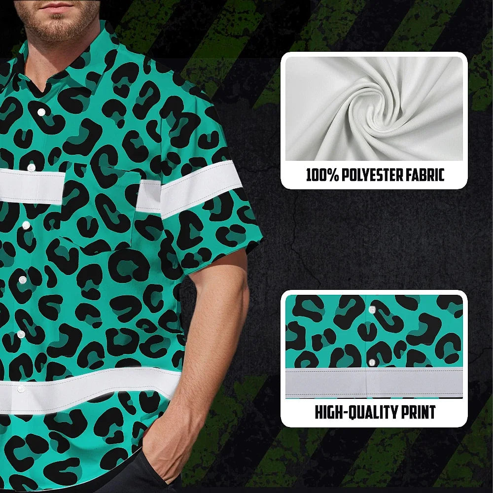 Hi Vis Hawaiian Shirt Reflective Tapes Mint Leopard Custom Name Safety Workwear For Workers, Truckers, Operators