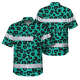 Hi Vis Hawaiian Shirt Reflective Tapes Mint Leopard Custom Name Safety Workwear For Workers, Truckers, Operators