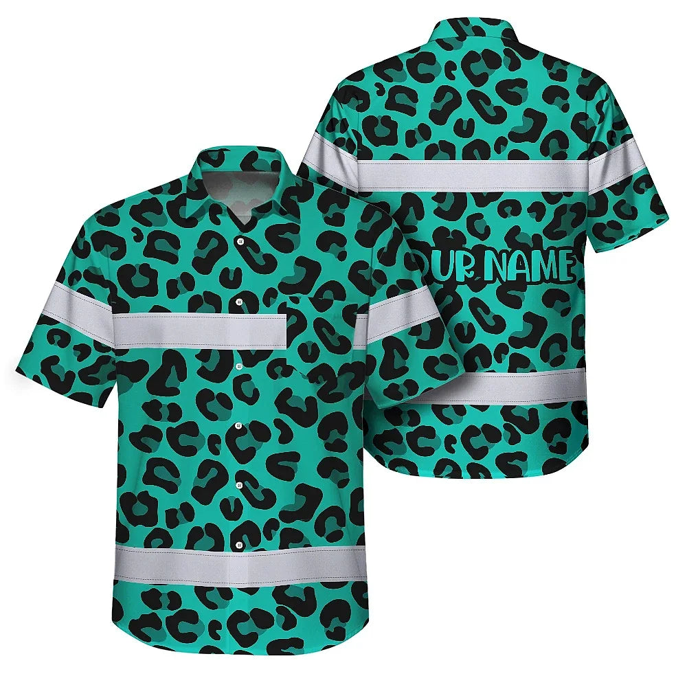 Hi Vis Hawaiian Shirt Reflective Tapes Mint Leopard Custom Name Safety Workwear For Workers, Truckers, Operators