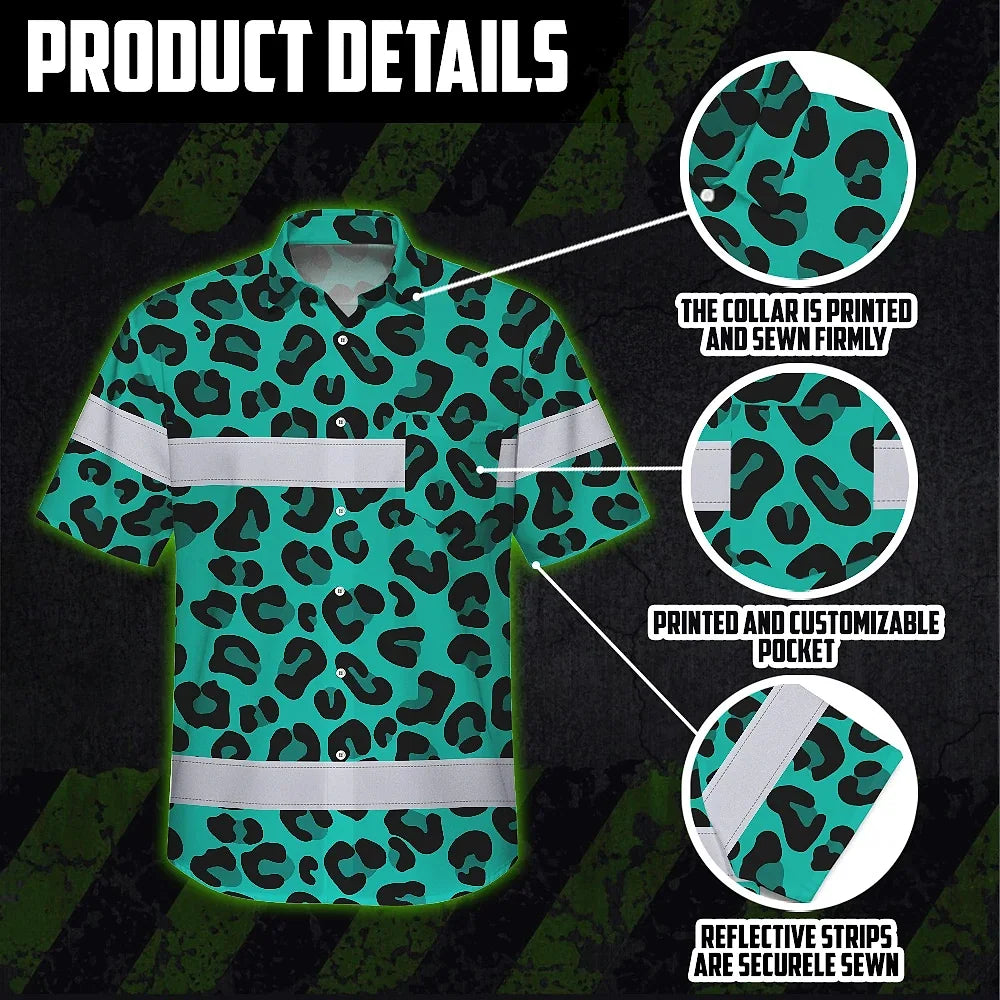 Hi Vis Hawaiian Shirt Reflective Tapes Mint Leopard Custom Name Safety Workwear For Workers, Truckers, Operators