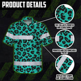 Hi Vis Hawaiian Shirt Reflective Tapes Mint Leopard Custom Name Safety Workwear For Workers, Truckers, Operators