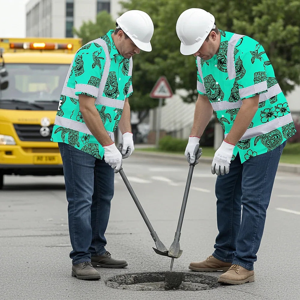 Hi Vis Hawaiian Shirt Reflective Tapes Mint Neon Tiki Custom Name Safety Workwear For Workers, Truckers, Operators