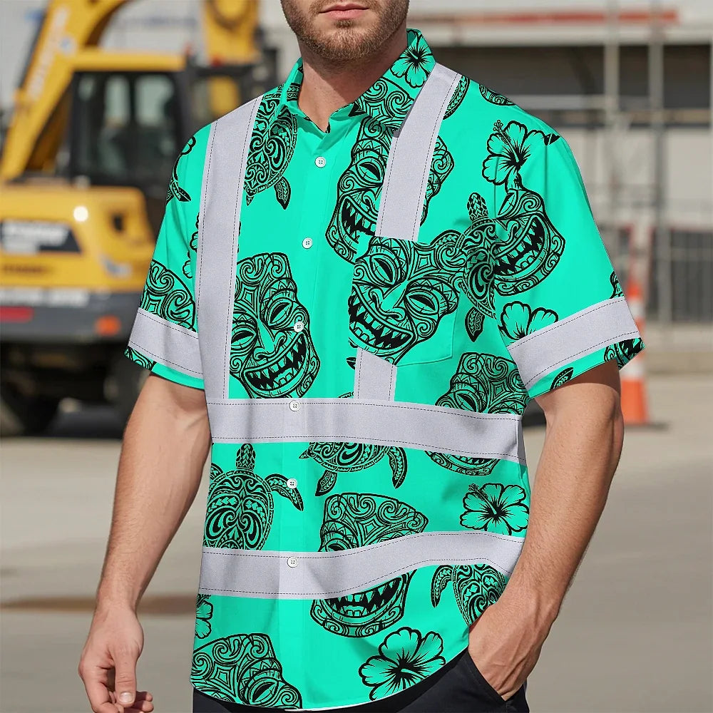 Hi Vis Hawaiian Shirt Reflective Tapes Mint Neon Tiki Custom Name Safety Workwear For Workers, Truckers, Operators