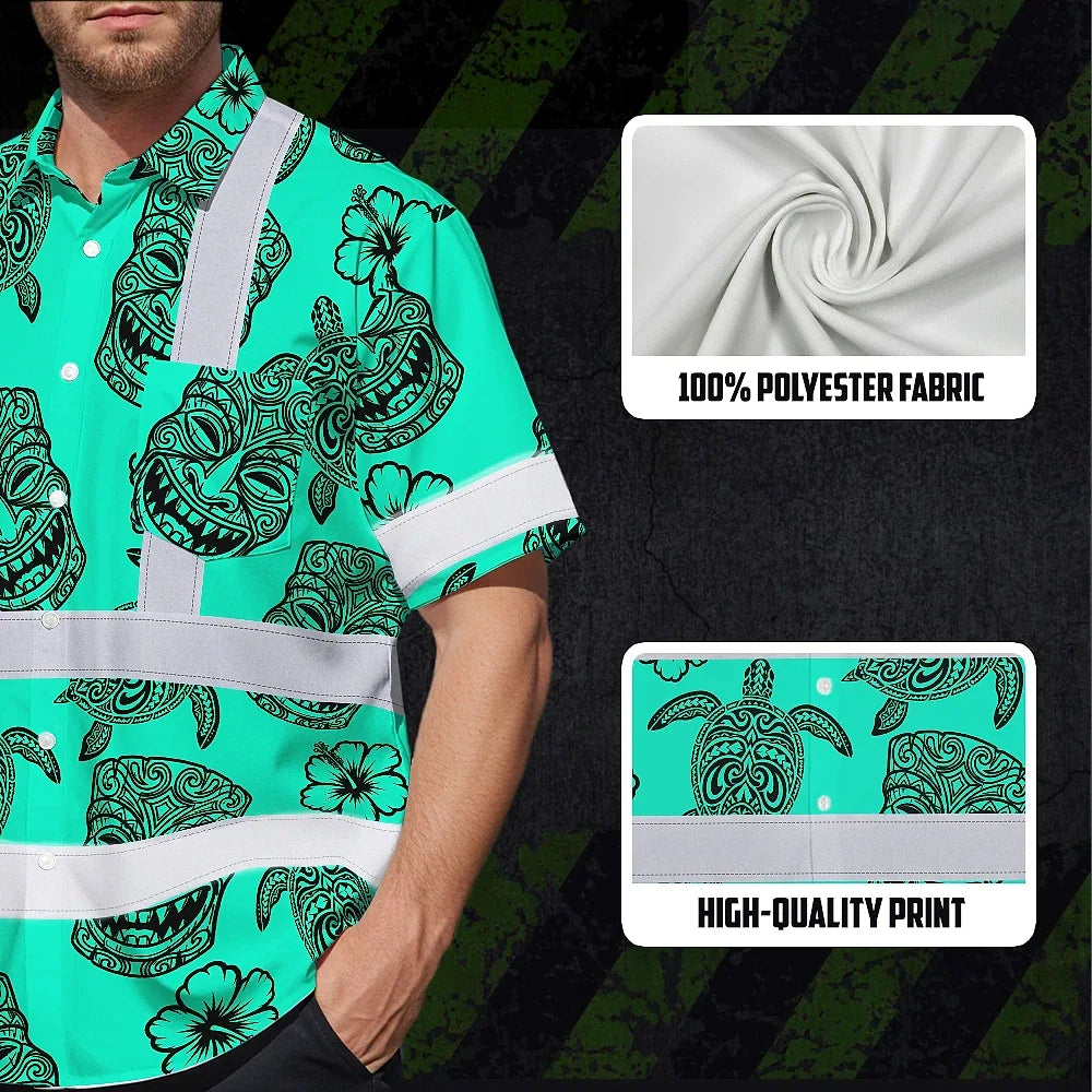 Hi Vis Hawaiian Shirt Reflective Tapes Mint Neon Tiki Custom Name Safety Workwear For Workers, Truckers, Operators