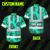 Hi Vis Hawaiian Shirt Reflective Tapes Mint Neon Tiki Custom Name Safety Workwear For Workers, Truckers, Operators