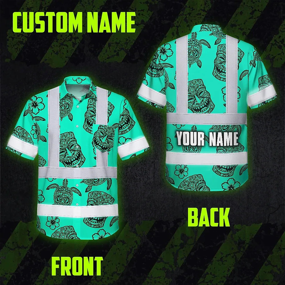 Hi Vis Hawaiian Shirt Reflective Tapes Mint Neon Tiki Custom Name Safety Workwear For Workers, Truckers, Operators