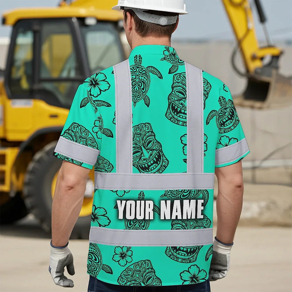 Hi Vis Hawaiian Shirt Reflective Tapes Mint Neon Tiki Custom Name Safety Workwear For Workers, Truckers, Operators