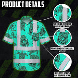 Hi Vis Hawaiian Shirt Reflective Tapes Mint Neon Tiki Custom Name Safety Workwear For Workers, Truckers, Operators