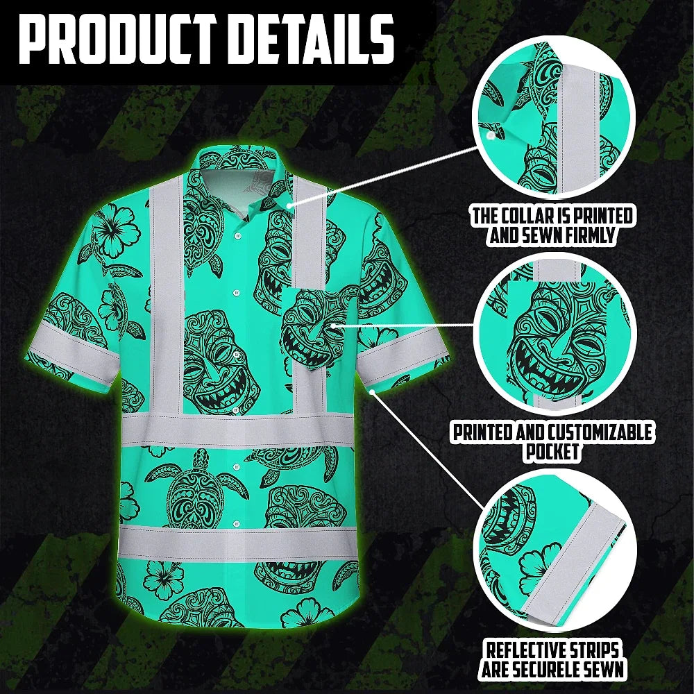 Hi Vis Hawaiian Shirt Reflective Tapes Mint Neon Tiki Custom Name Safety Workwear For Workers, Truckers, Operators
