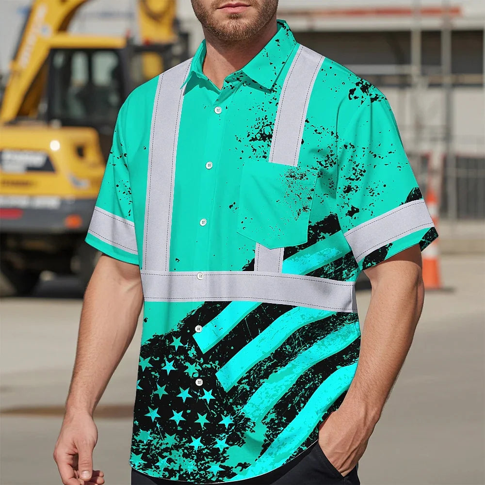 Hi Vis Hawaiian Shirt Reflective Tapes Mint Neon USA Flag Safety Workwear