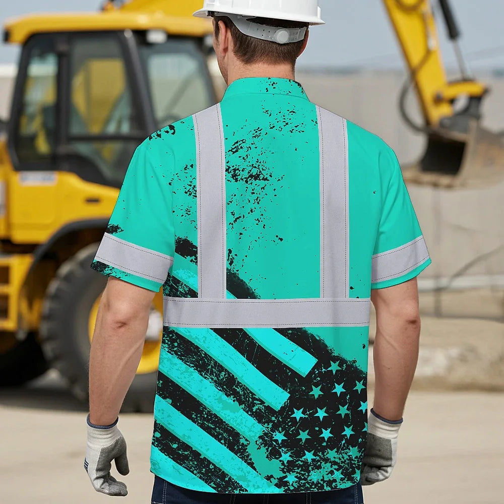 Hi Vis Hawaiian Shirt Reflective Tapes Mint Neon USA Flag Safety Workwear