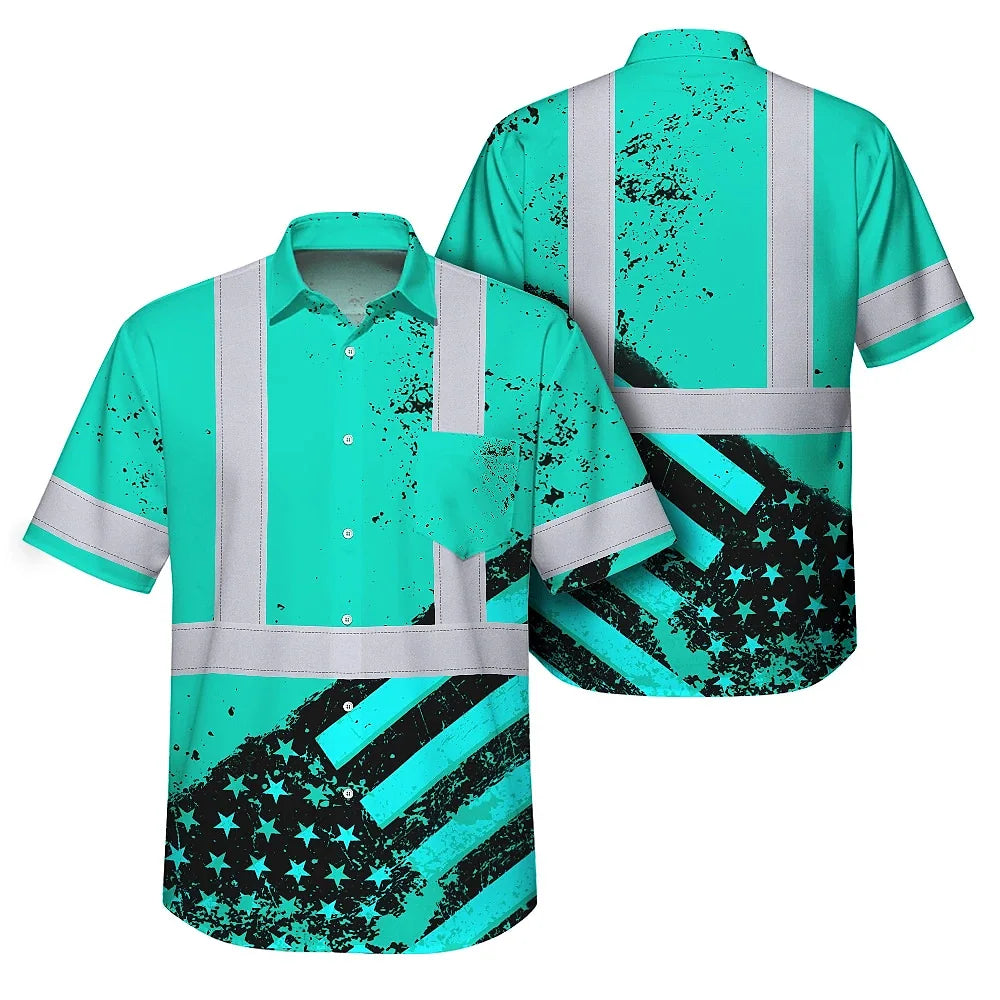 Hi Vis Hawaiian Shirt Reflective Tapes Mint Neon USA Flag Safety Workwear