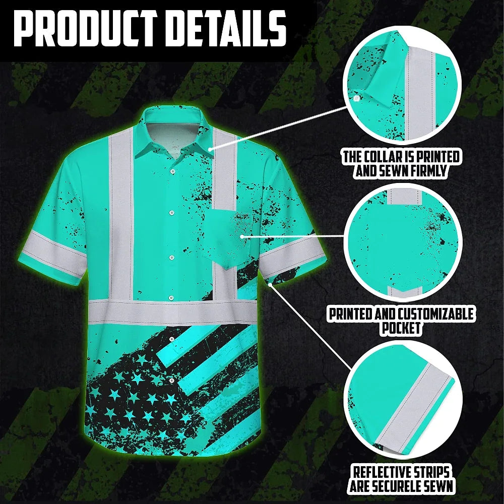 Hi Vis Hawaiian Shirt Reflective Tapes Mint Neon USA Flag Safety Workwear