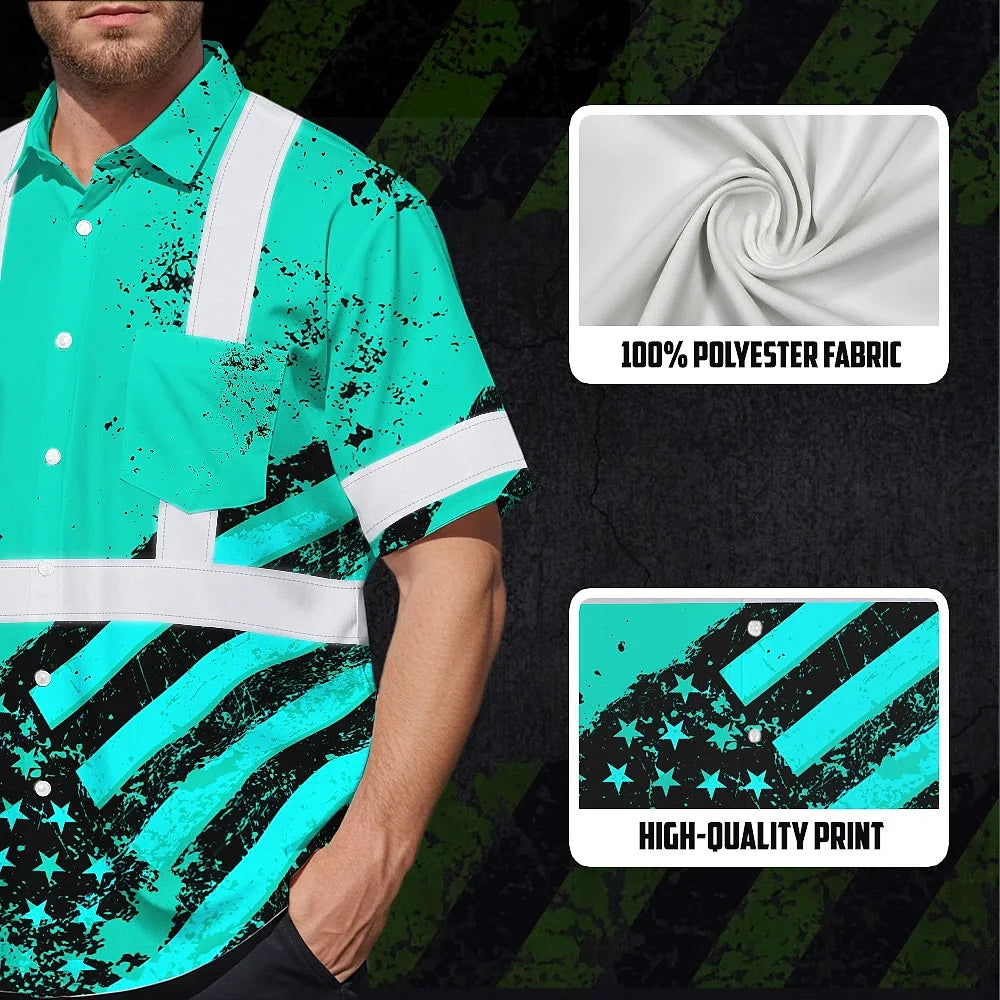 Hi Vis Hawaiian Shirt Reflective Tapes Mint Neon USA Flag Safety Workwear