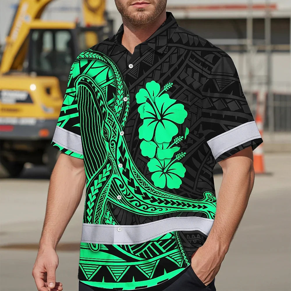Hi Vis Hawaiian Shirt Reflective Tapes Mint Whale Polynesian Custom Name Safety Workwear For Workers, Truckers, Operators