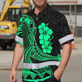 Hi Vis Hawaiian Shirt Reflective Tapes Mint Whale Polynesian Custom Name Safety Workwear For Workers, Truckers, Operators