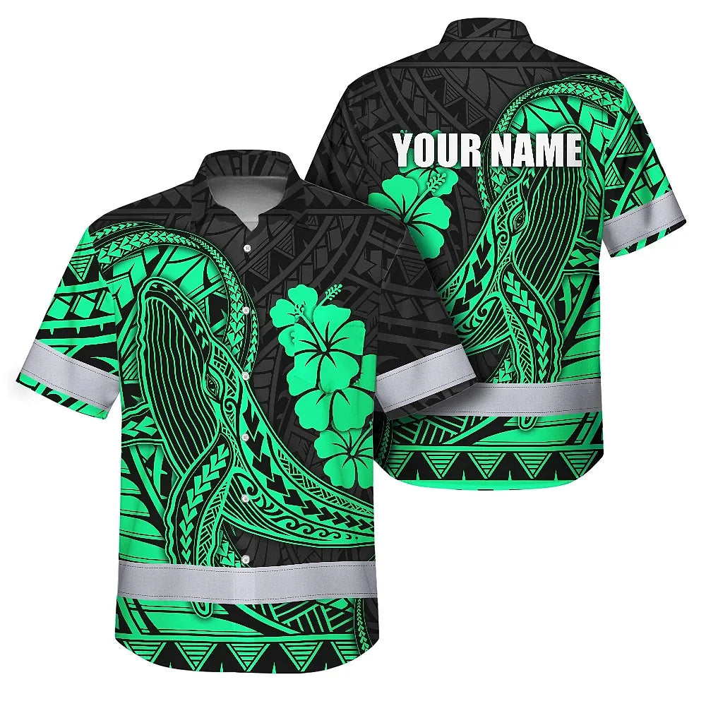 Hi Vis Hawaiian Shirt Reflective Tapes Mint Whale Polynesian Custom Name Safety Workwear For Workers, Truckers, Operators