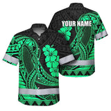 Hi Vis Hawaiian Shirt Reflective Tapes Mint Whale Polynesian Custom Name Safety Workwear For Workers, Truckers, Operators